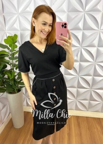 Milla Chic - millachic com br conjunto linhao com aviamento de barbante saia midi com botao flaviane preto 3 Conjunto Linhão Com Aviamento De Barbante Saia Mídi Com Botão Flaviane - Preto - Milla Chic