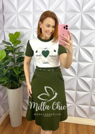 Conjunto Blusa Viscolycra Saia Anarruga Com Cinto Encapado Paula - Verde - Milla Chic