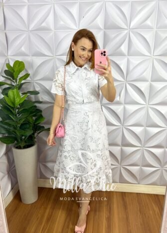 Conjunto Richilieu Camisa e Saia Mídi Lisboa - Branco - Milla Chic