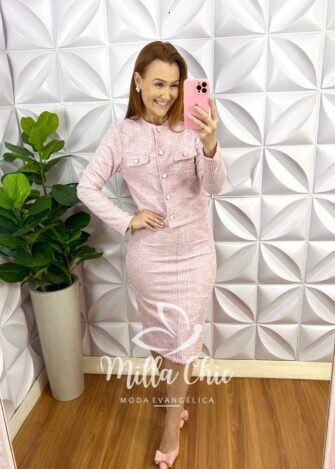 Conjunto Tweed Com Lurex Casaco e Saia Tubinho Cecilia - Rosa - Milla Chic