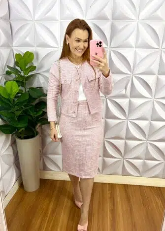 Conjunto Tweed Com Lurex Casaco e Saia Tubinho Cecilia - Rosa - Milla Chic