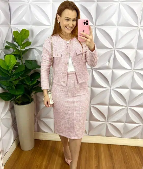 Conjunto Tweed Com Lurex Casaco e Saia Tubinho Cecilia - Rosa - Milla Chic