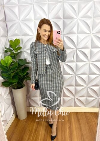 Conjunto Tweed Com Lurex Casaco e Saia Tubinho Cecilia - Preto - Milla Chic