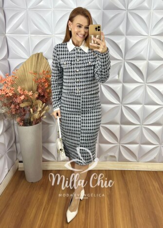 Conjunto Tweed Com Lurex Casaco e Saia Tubinho Cecilia - Preto - Milla Chic