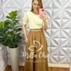 Saia Alfaiataria Mídi Com Botões Encapados Fernanda - Caramelo - Milla Chic