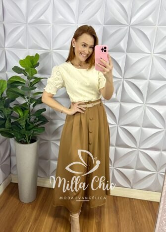 Saia Alfaiataria Mídi Com Botões Encapados Fernanda - Caramelo - Milla Chic