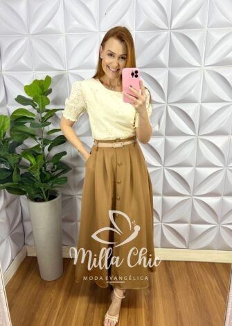 Saia Alfaiataria Mídi Com Botões Encapados Fernanda - Caramelo - Milla Chic