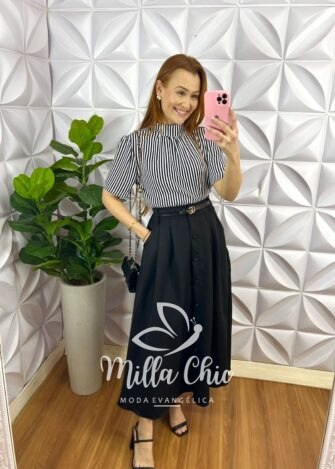 Saia Alfaiataria Mídi Com Botões Encapados Fernanda - Preto - Milla Chic