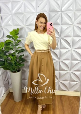 Saia Alfaiataria Mídi Com Botões Encapados Fernanda - Caramelo - Milla Chic