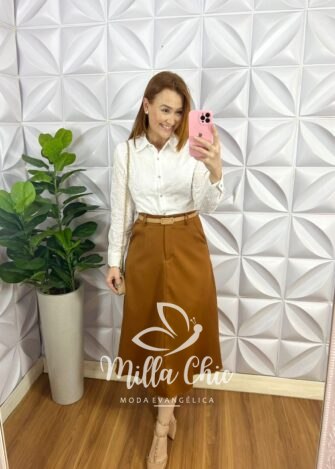 Saia Alfaiataria Mídi levemente Godê Karla - Caramelo - Milla Chic