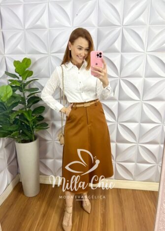 Saia Alfaiataria Mídi levemente Godê Karla - Caramelo - Milla Chic