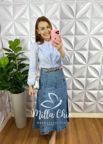 Saia Jeans Evase Com Recortes Mídi Aline - Azul - Milla Chic
