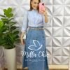 Saia Jeans Evase Com Recortes Mídi Aline - Azul - Milla Chic