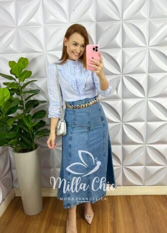Saia Jeans Evase Com Recortes Mídi Aline - Azul - Milla Chic
