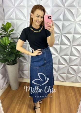Saia Jeans Longa Com Recortes Evase Paulinha - Azul - Milla Chic