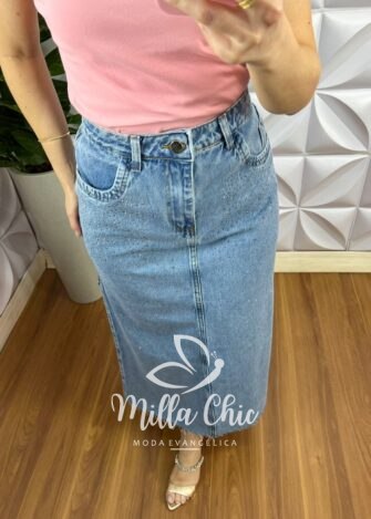 Saia Jeans Mídi Fenda Nas Costas Toda Com Strass Ester - Azul - Milla Chic