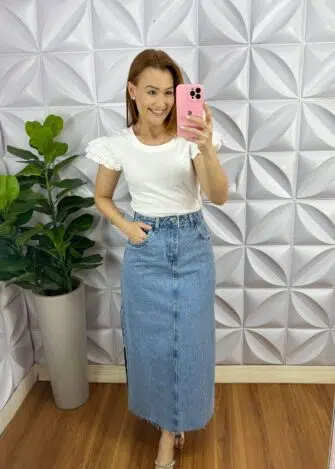 Saia Jeans Mídi Fenda Nas Costas Toda Com Strass Ester - Azul - Milla Chic