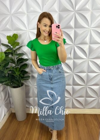 Saia Jeans Mídi Fenda Nas Costas Toda Com Strass Ester - Azul - Milla Chic