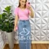 Saia Jeans Mídi Com Fenda Lateral Toda Com Strass Ester - Azul - Milla Chic