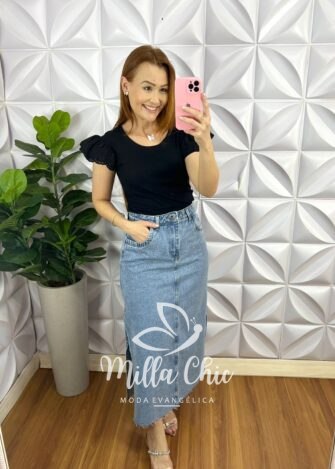 Saia Jeans Mídi Fenda Nas Costas Toda Com Strass Ester - Azul - Milla Chic