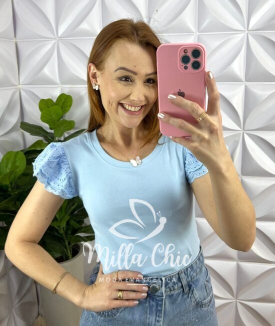 Saia Jeans Mídi Com Fenda Lateral Toda Com Strass Ester - Azul - Milla Chic