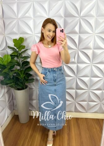 Saia Jeans Mídi Fenda Nas Costas Toda Com Strass Ester - Azul - Milla Chic