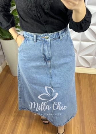 Saia Jeans Mídi Evase Com Bolsos Debora - Jeans - Milla Chic