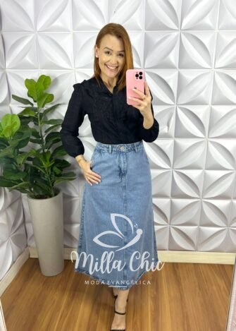 Saia Jeans Mídi Evase Com Bolsos Debora - Jeans - Milla Chic