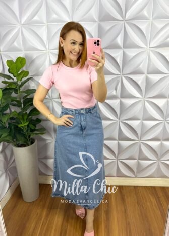 Saia Jeans Mídi Evase Com Bolsos Debora - Jeans - Milla Chic