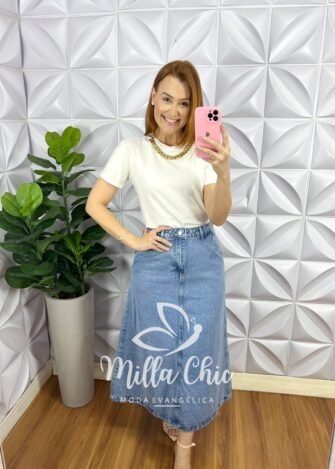 Saia Jeans Mídi Evase Com Bolsos Debora - Jeans - Milla Chic