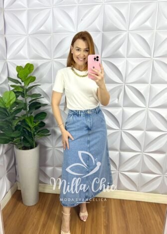 Saia Jeans Mídi Evase Com Bolsos Debora - Jeans - Milla Chic