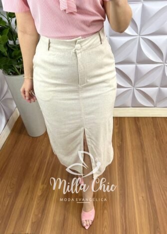 Saia Linhão Reta Com Fenda Frontal Camélia - Areia - Milla Chic