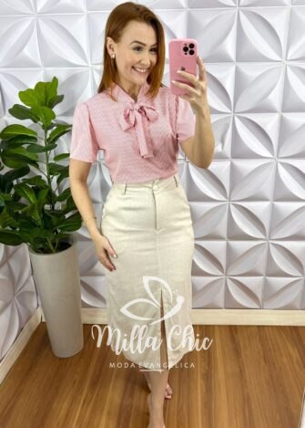 Saia Linhão Reta Com Fenda Frontal Camélia - Areia - Milla Chic