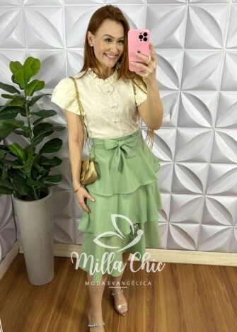 Saia Linho Com Camadas Três Marias Mídi Stela - Verde Menta - Milla Chic