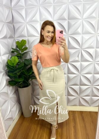 Saia Linho Com Fenda Frontal e Fita Cinto Mídi Valeria - Areia - Milla Chic