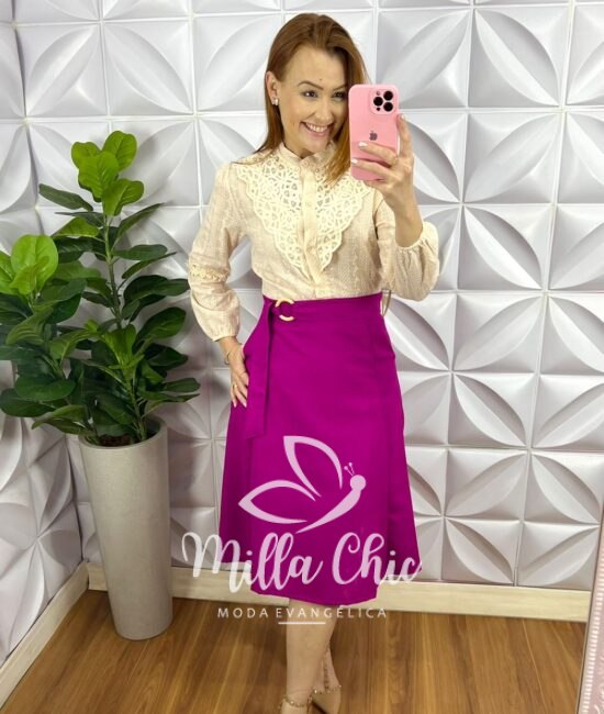 Saia Linho Evase Com Cinto Faixa E Bolso Francine - Fuschia - Milla Chic