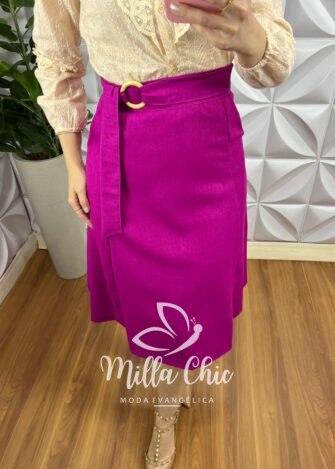 Saia Linho Evase Com Cinto Faixa E Bolso Francine - Fuschia - Milla Chic