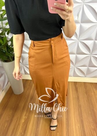 Saia Linho Natural Reta Com Fenda Frontal Camélia - Capuchino - Milla Chic
