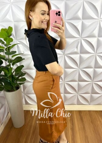 Saia Linho Natural Reta Com Fenda Frontal Camélia - Capuchino - Milla Chic