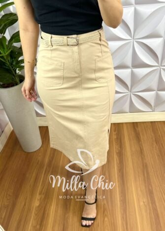 Saia Sarja Com Elastano Com Fenda E Bolsos Laterais Com Cinto Tamires - Areia - Milla Chic