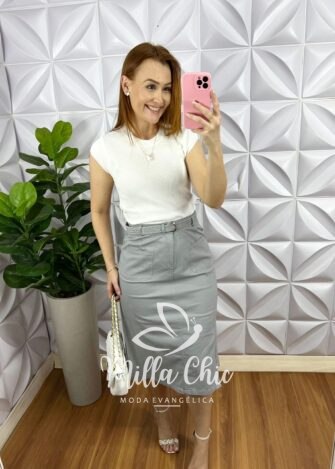 Saia Sarja Com Elastano Com Fenda E Bolsos Laterais Com Cinto Tamires - Cinza - Milla Chic