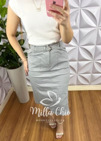 Milla Chic - millachic com br saia sarja com elastano com fenda e bolsos laterais com cinto tamires cinza 2 Saia Sarja Com Elastano Com Fenda E Bolsos Laterais Com Cinto Tamires - Cinza - Milla Chic