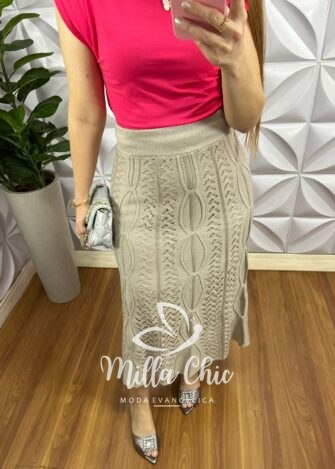 Saia Tricot Todo Trabalhado Longa com Lastex na Cintura Adriele - Areia - Milla Chic