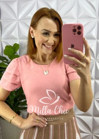 Saia Tricot Todo Trabalhado Longa Elástico Na Cintura Dayane - Rosa Com Areia - Milla Chic