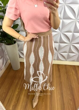 Saia Tricot Todo Trabalhado Longa Elástico Na Cintura Dayane - Rosa Com Areia - Milla Chic