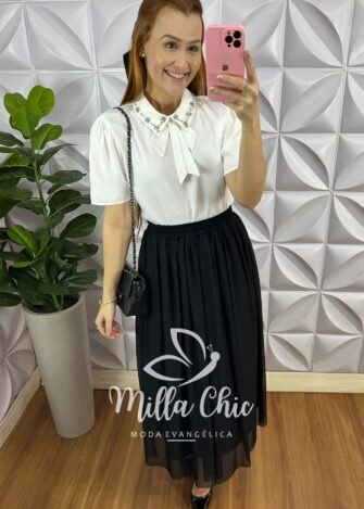 Saia Tule Longa com Lastex na Cintura Adriele - Preto - Milla Chic