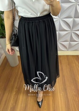 Saia Tule Longa com Lastex na Cintura Adriele - Preto - Milla Chic