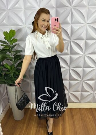 Saia Tule Longa com Lastex na Cintura Adriele - Preto - Milla Chic