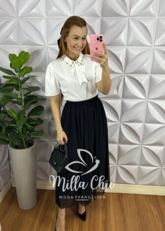 Saia Tule Longa com Lastex na Cintura Adriele - Preto - Milla Chic