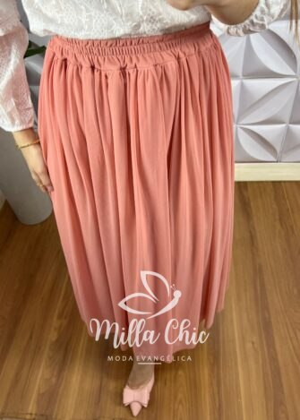 Saia Tule Longa com Lastex na Cintura Adriele - Rose - Milla Chic